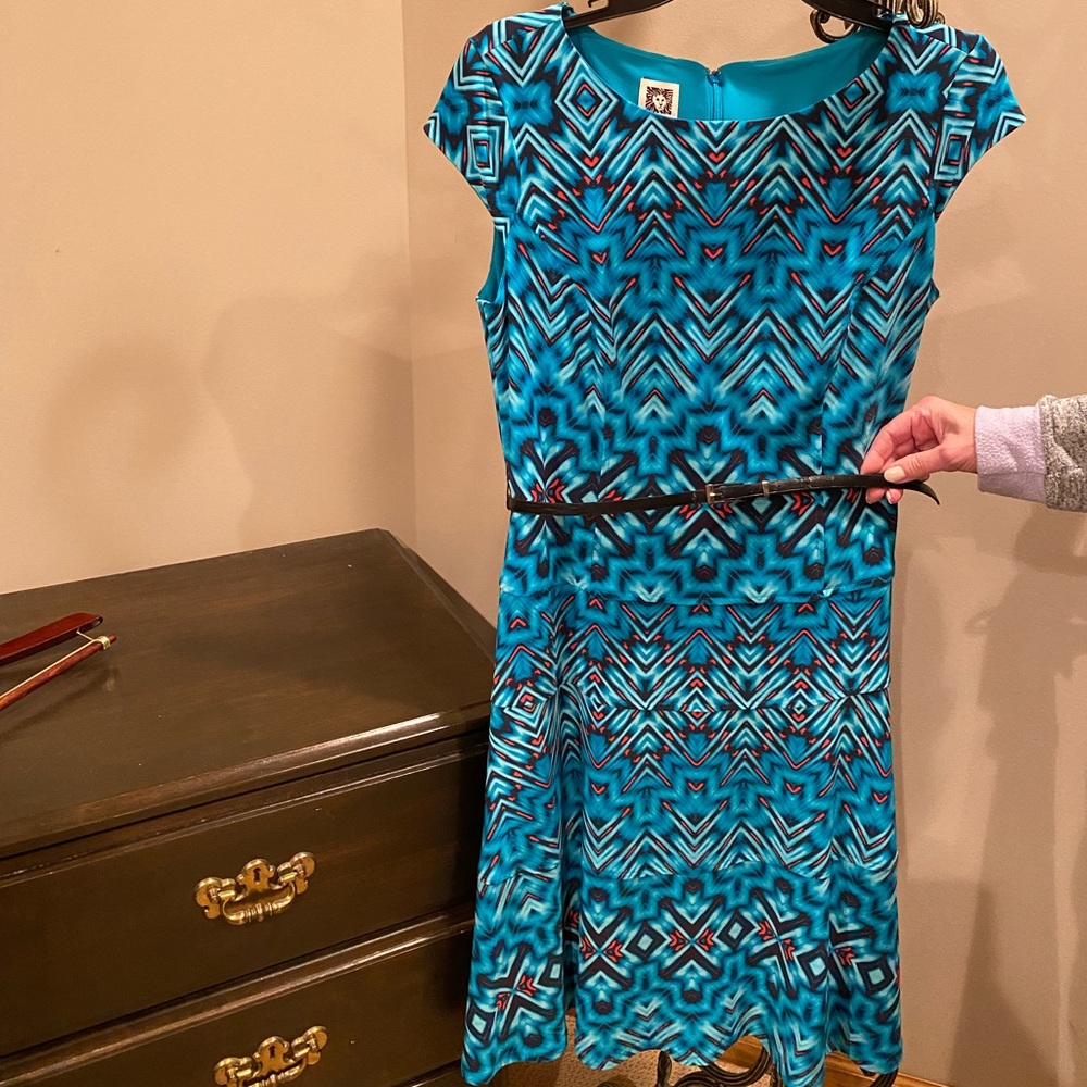 Blue Patterned Belted Anne Klein Dress